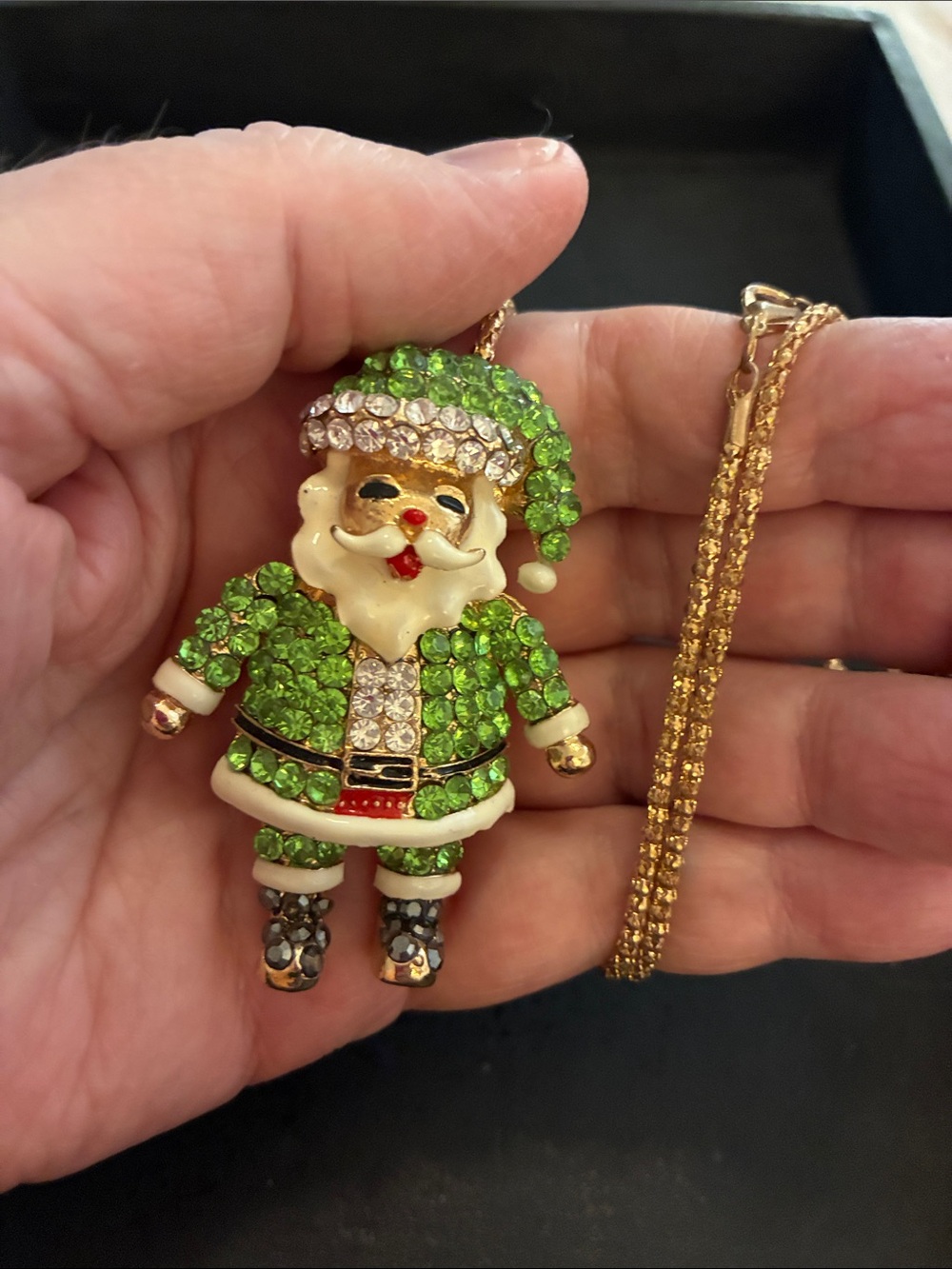 Green Crystal Santa Pendant Necklace - Festive Holiday Jewelry